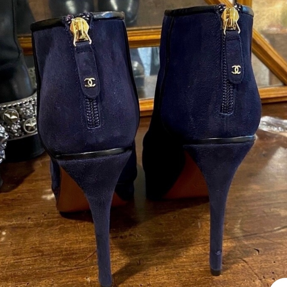 Chanel Suede Heeled Ankle Booties, 38.5